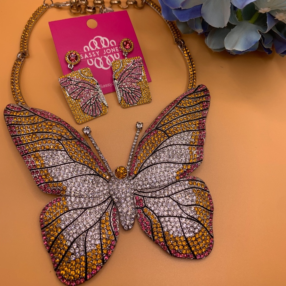 Sassy Jones Hadassa Crystal Bib with matching Earrings- Pink, Yellow, Orange